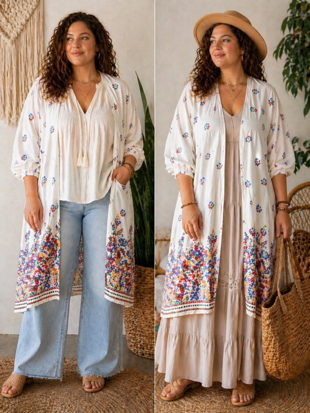 CATO Women's White Floral Border Kimono